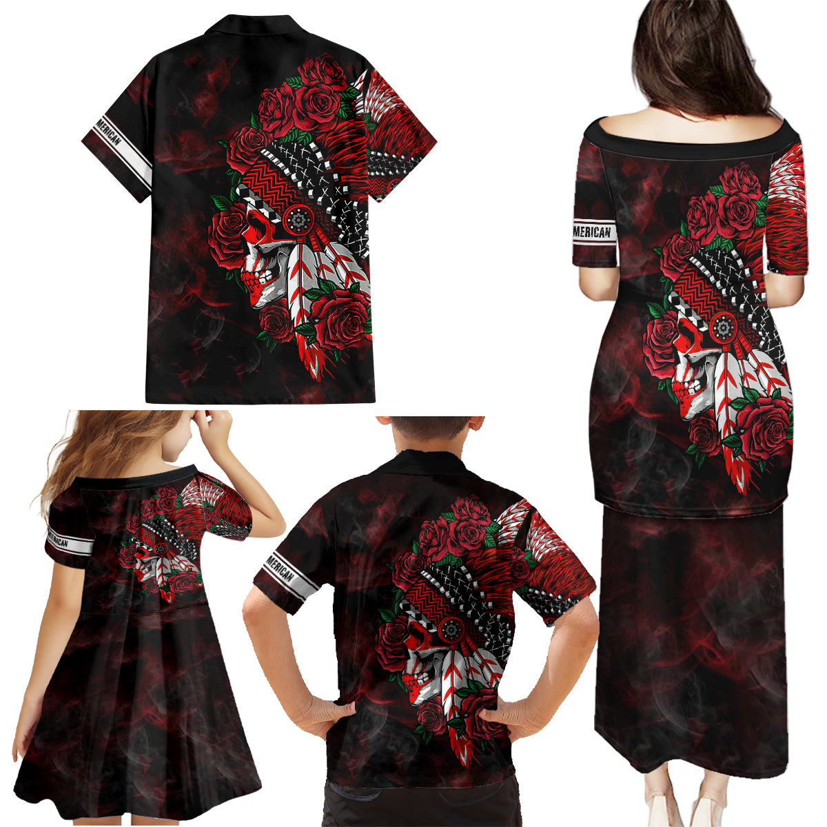 Personalised Native American Chief Skull Family Matching Puletasi Dress and Hawaiian Shirt Rose Skull - Wonder Print Shop