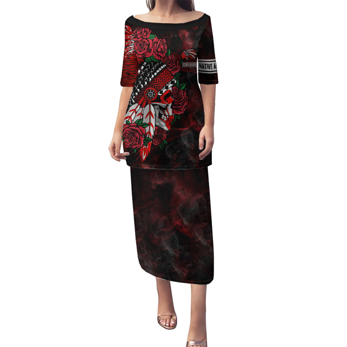 Personalised Native American Chief Skull Family Matching Puletasi Dress and Hawaiian Shirt Rose Skull - Wonder Print Shop