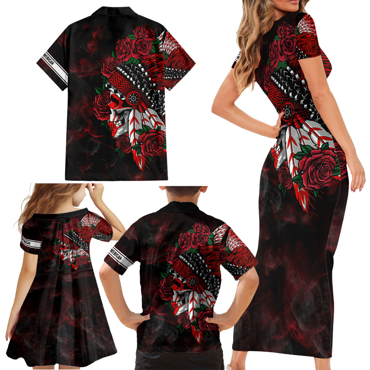 Personalised Native American Chief Skull Family Matching Short Sleeve Bodycon Dress and Hawaiian Shirt Rose Skull - Wonder Print Shop