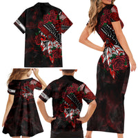 Personalised Native American Chief Skull Family Matching Short Sleeve Bodycon Dress and Hawaiian Shirt Rose Skull - Wonder Print Shop