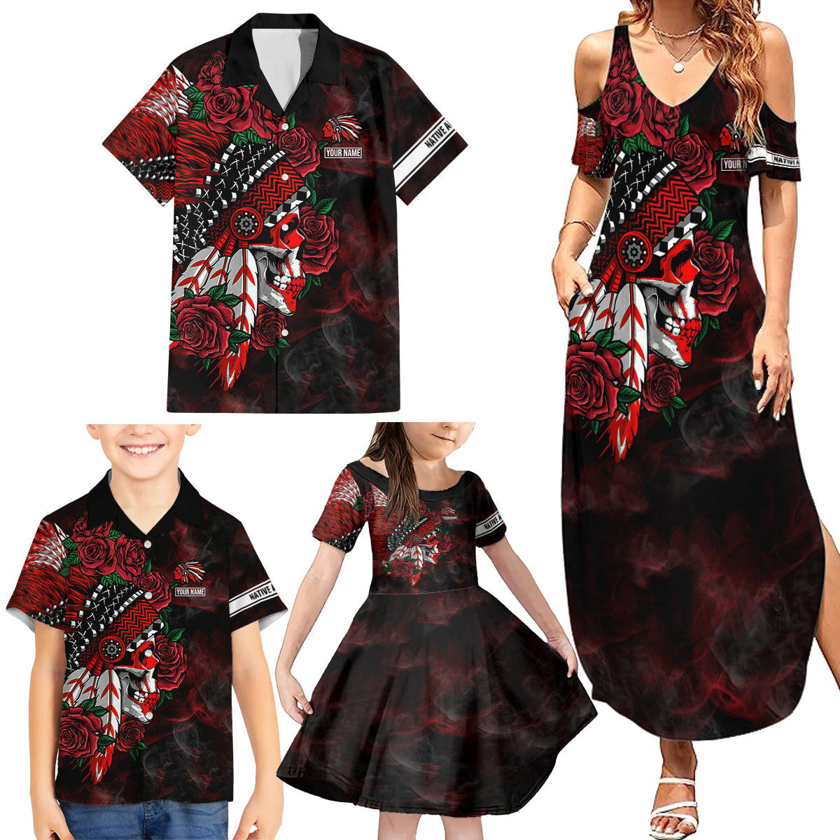 Personalised Native American Chief Skull Family Matching Summer Maxi Dress and Hawaiian Shirt Rose Skull - Wonder Print Shop