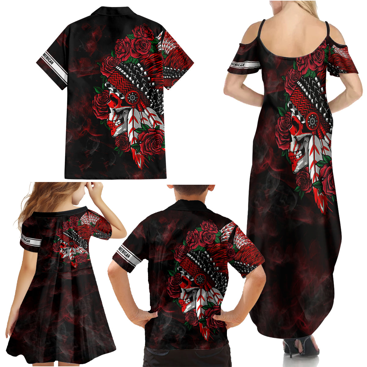 Personalised Native American Chief Skull Family Matching Summer Maxi Dress and Hawaiian Shirt Rose Skull - Wonder Print Shop