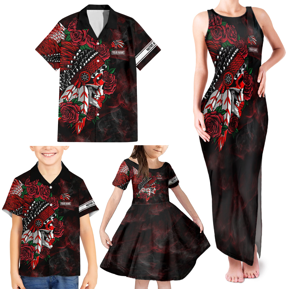 Personalised Native American Chief Skull Family Matching Tank Maxi Dress and Hawaiian Shirt Rose Skull - Wonder Print Shop