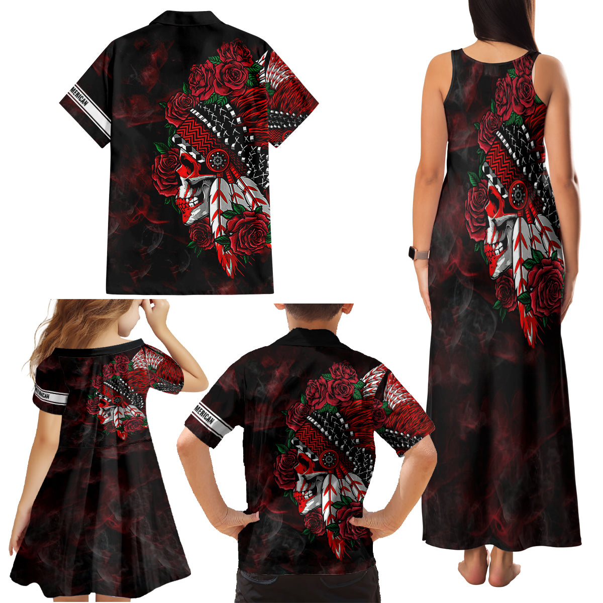 Personalised Native American Chief Skull Family Matching Tank Maxi Dress and Hawaiian Shirt Rose Skull - Wonder Print Shop