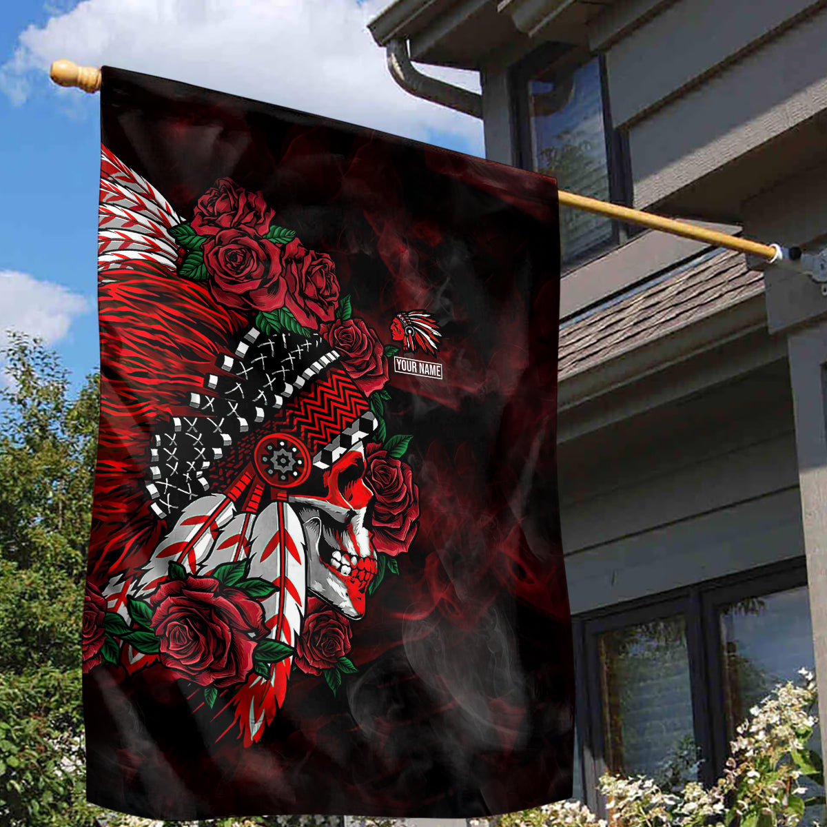 Personalised Native American Chief Skull Garden Flag Rose Skull - Wonder Print Shop