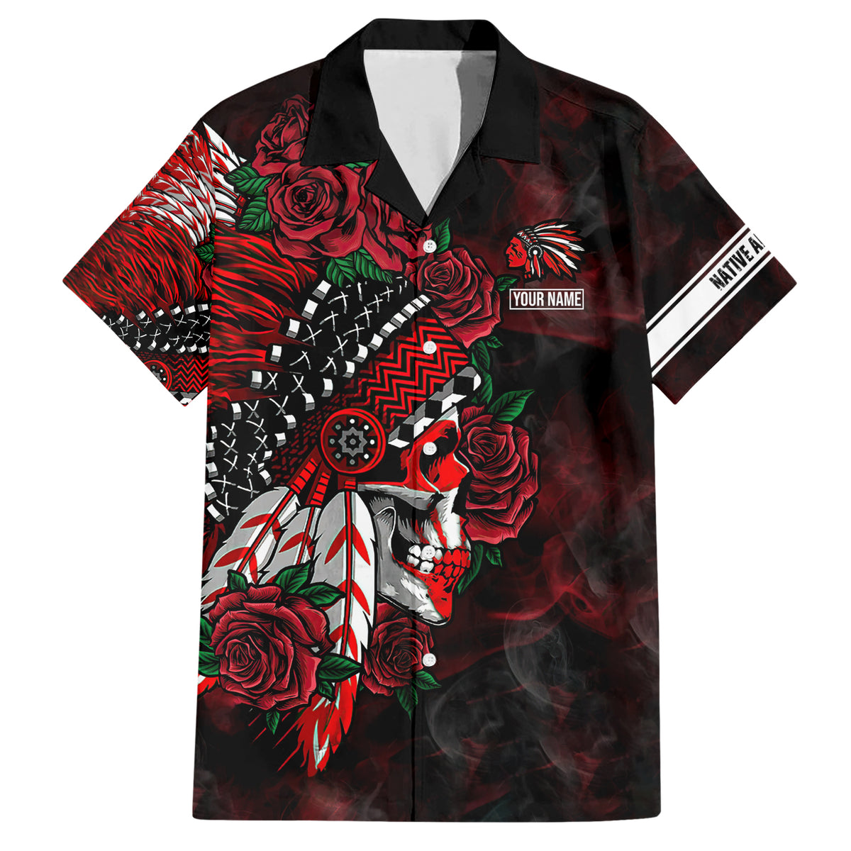 Personalised Native American Chief Skull Hawaiian Shirt Rose Skull - Wonder Print Shop
