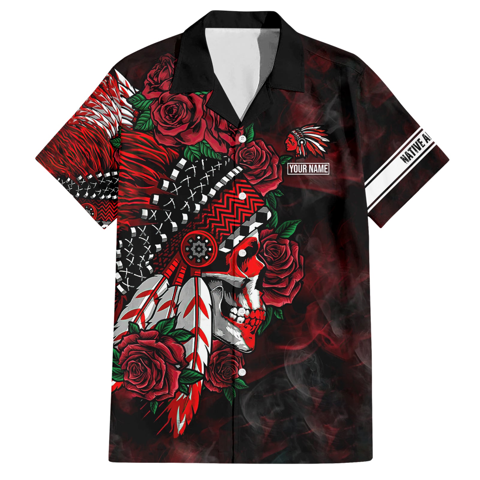 Personalised Native American Chief Skull Hawaiian Shirt Rose Skull - Wonder Print Shop