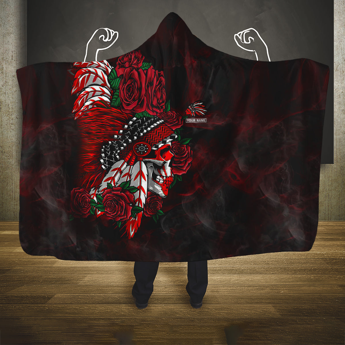 personalised-native-american-chief-skull-hooded-blanket-rose-skull