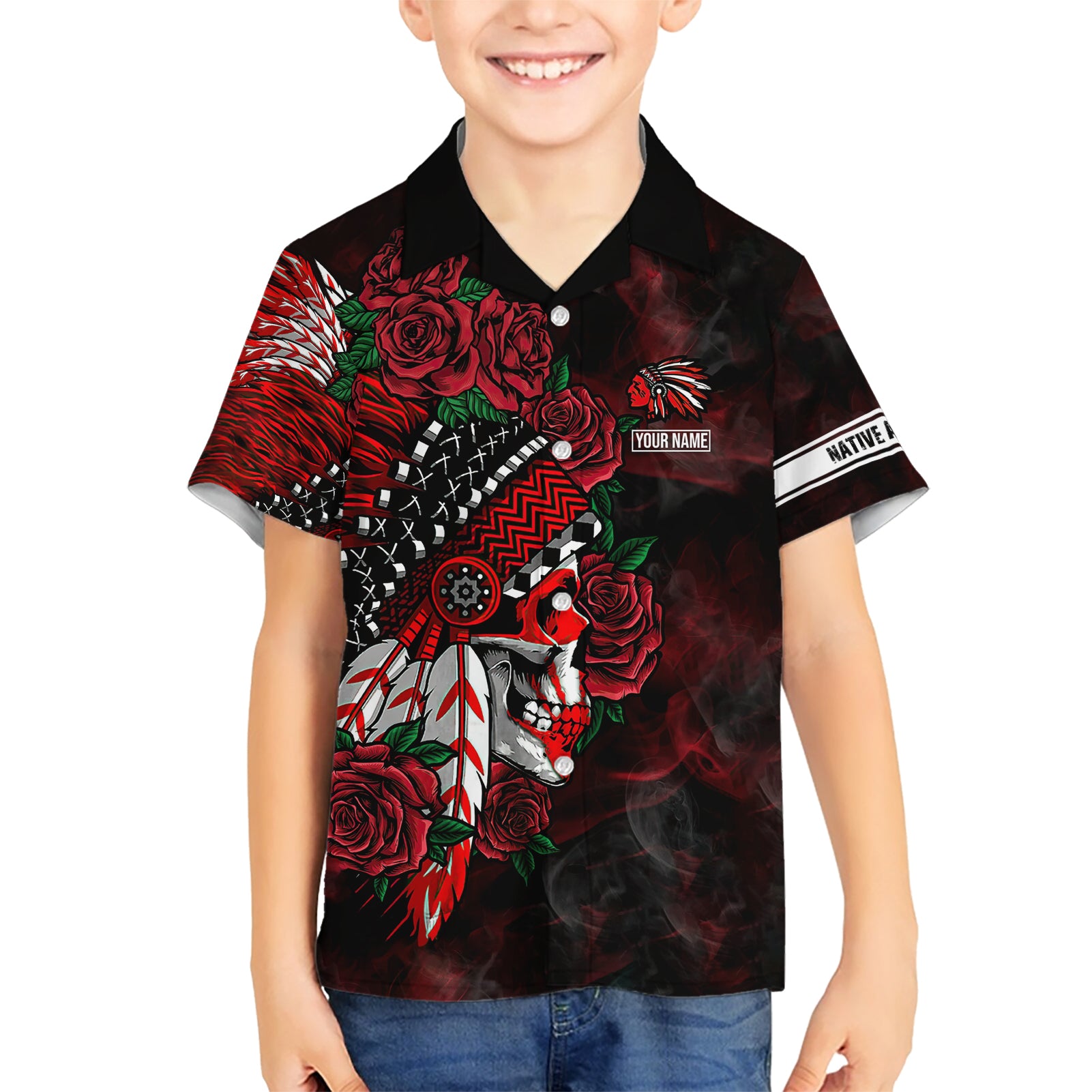 personalised-native-american-chief-skull-kid-hawaiian-shirt-rose-skull