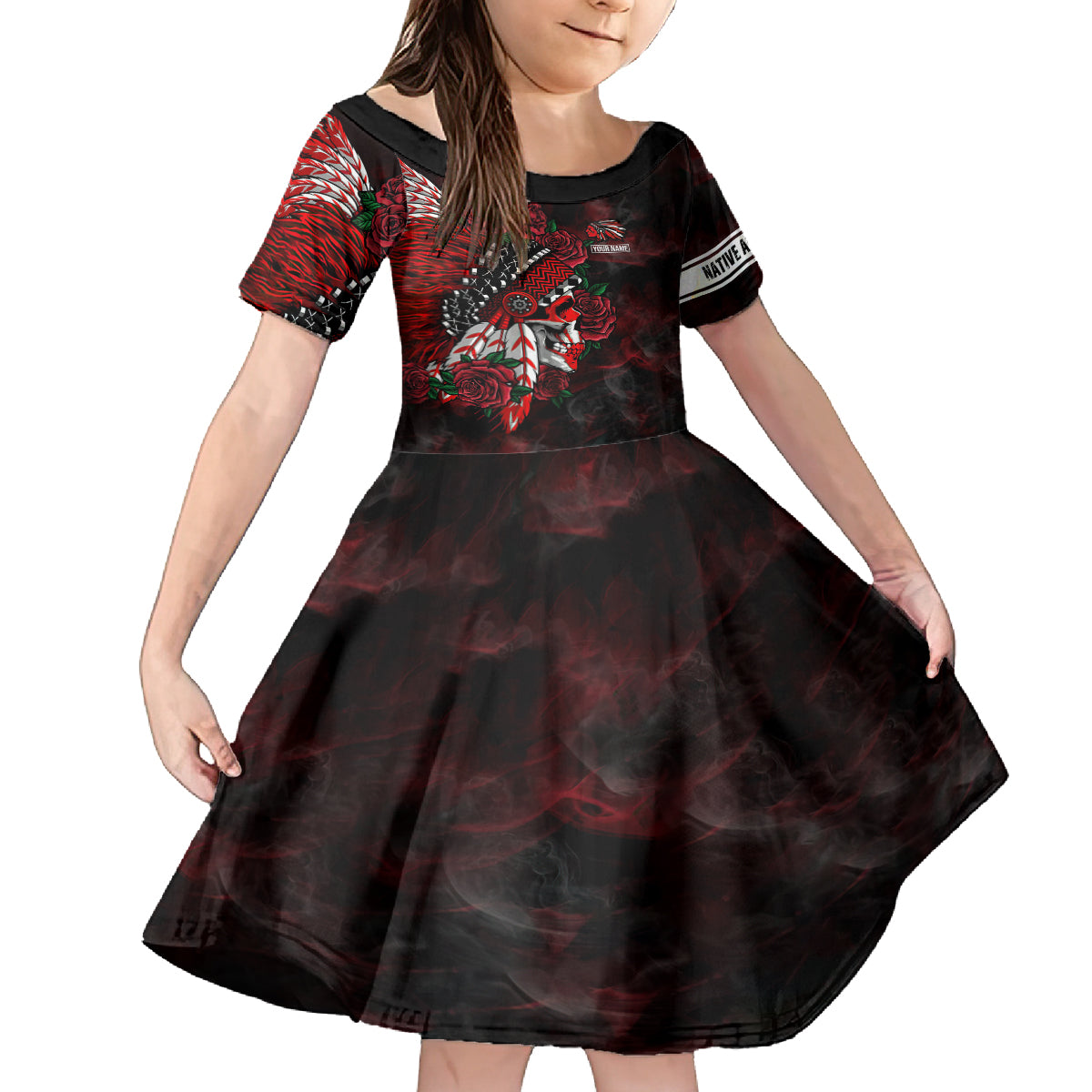 Personalised Native American Chief Skull Kid Short Sleeve Dress Rose Skull - Wonder Print Shop