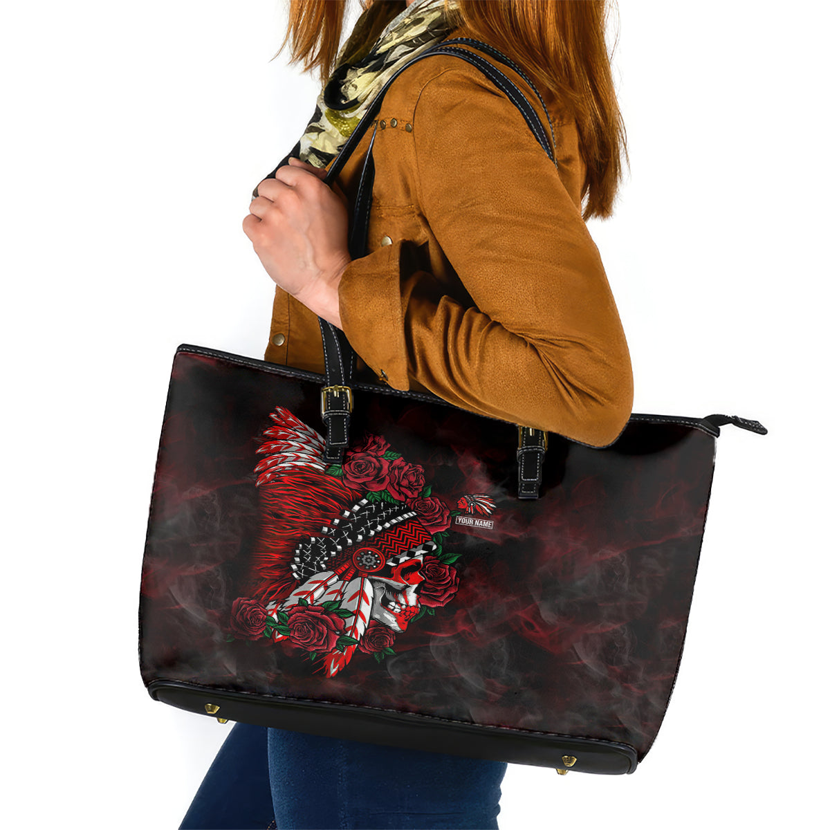 Personalised Native American Chief Skull Leather Tote Bag Rose Skull - Wonder Print Shop