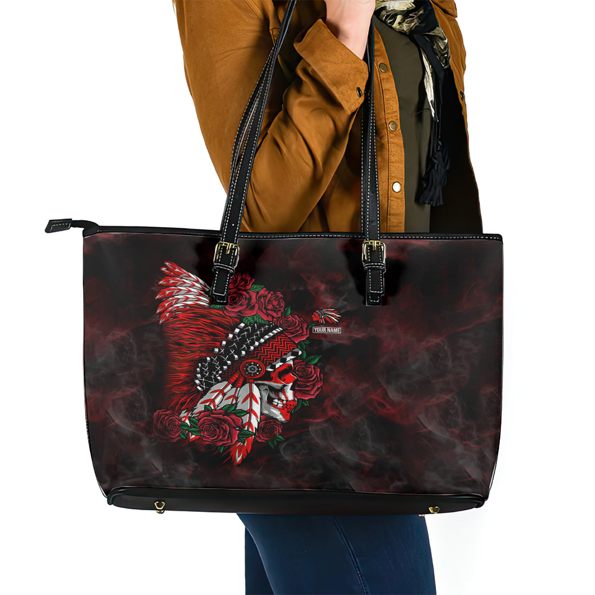 Personalised Native American Chief Skull Leather Tote Bag Rose Skull - Wonder Print Shop