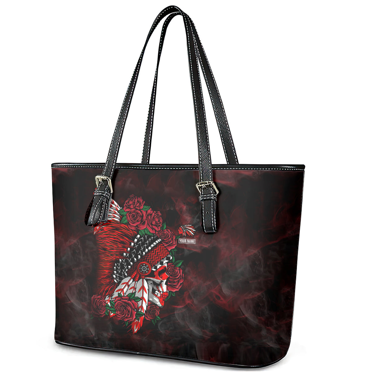 Personalised Native American Chief Skull Leather Tote Bag Rose Skull - Wonder Print Shop