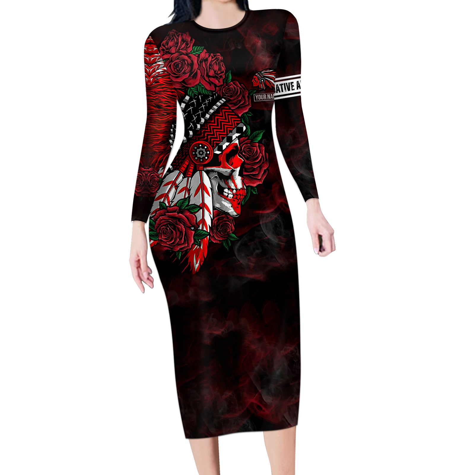 Personalised Native American Chief Skull Long Sleeve Bodycon Dress Rose Skull - Wonder Print Shop