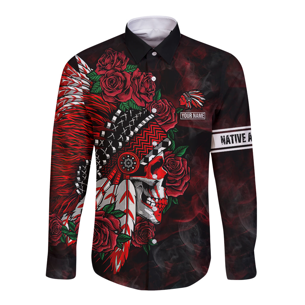 personalised-native-american-chief-skull-long-sleeve-button-shirt-rose-skull