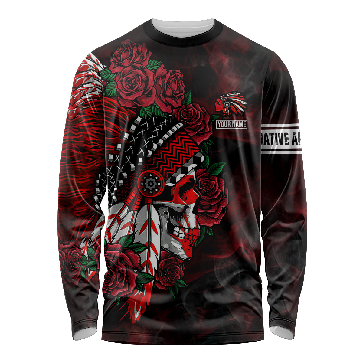 Personalised Native American Chief Skull Long Sleeve Shirt Rose Skull - Wonder Print Shop