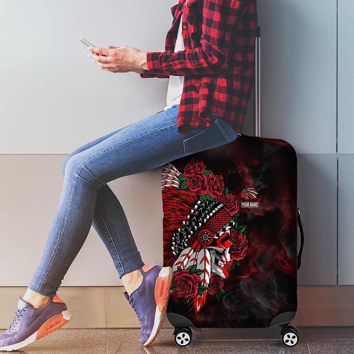 Personalised Native American Chief Skull Luggage Cover Rose Skull - Wonder Print Shop