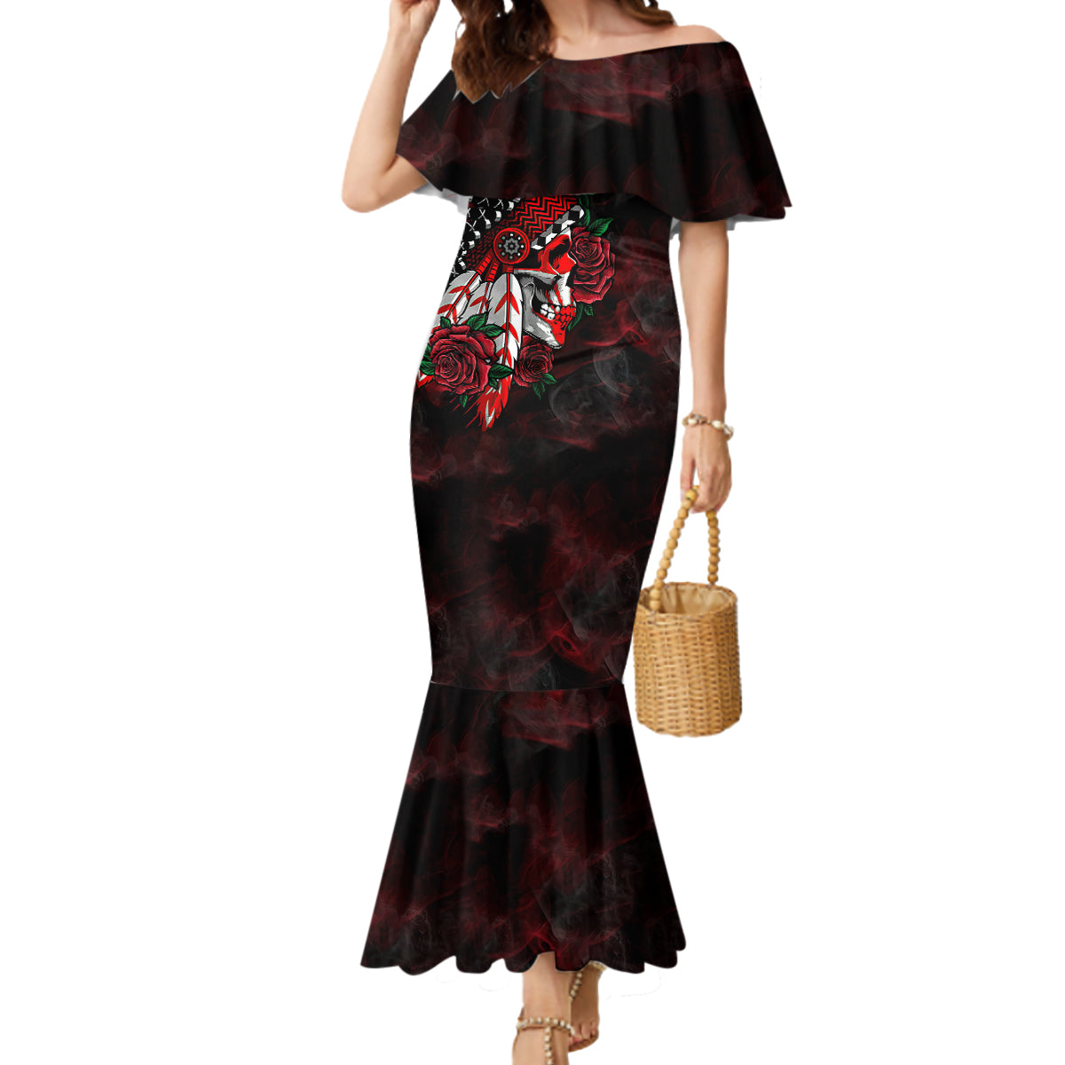 Personalised Native American Chief Skull Mermaid Dress Rose Skull - Wonder Print Shop