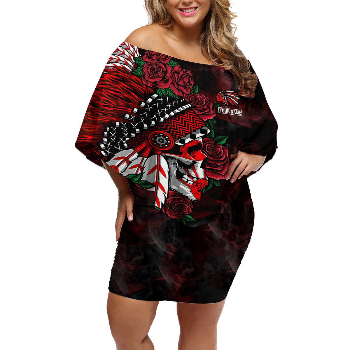 Personalised Native American Chief Skull Off Shoulder Short Dress Rose Skull - Wonder Print Shop