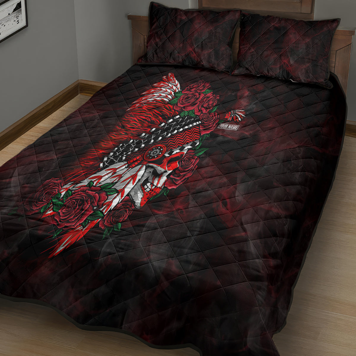 Personalised Native American Chief Skull Quilt Bed Set Rose Skull - Wonder Print Shop