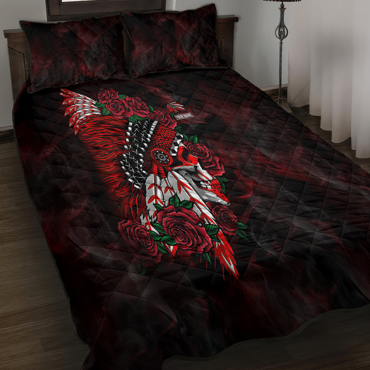 Personalised Native American Chief Skull Quilt Bed Set Rose Skull - Wonder Print Shop