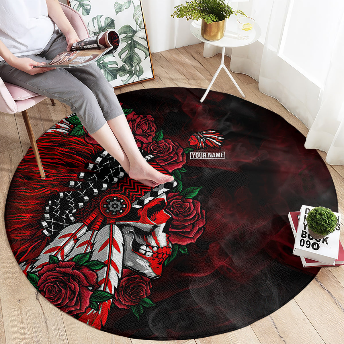 personalised-native-american-chief-skull-round-carpet-rose-skull