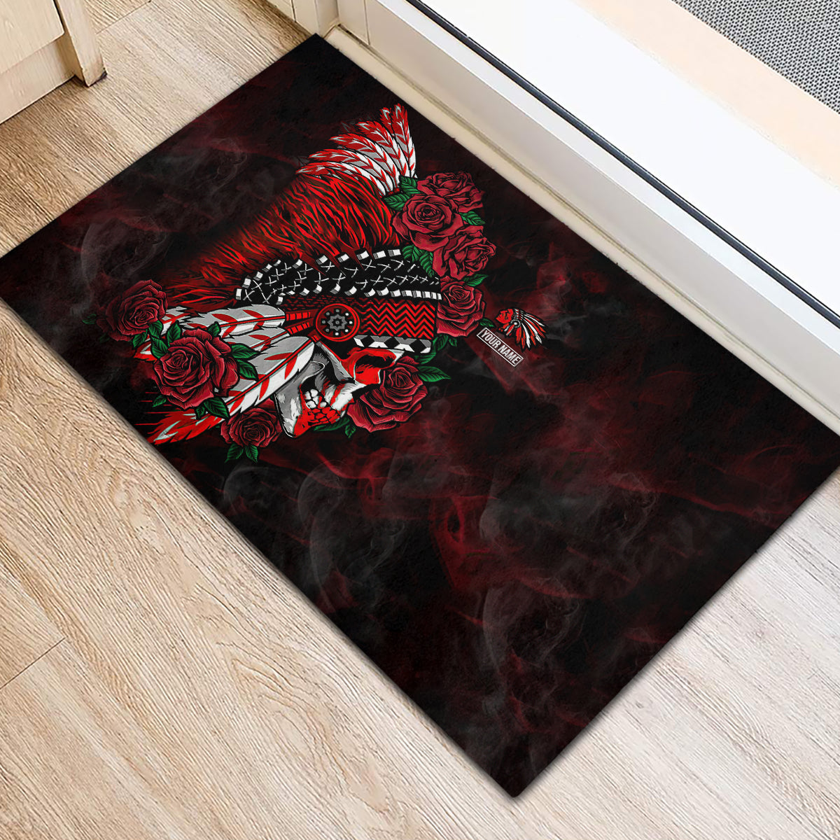 Personalised Native American Chief Skull Rubber Doormat Rose Skull - Wonder Print Shop