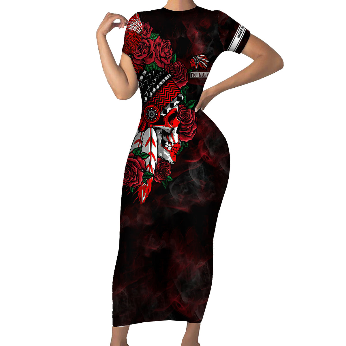 Personalised Native American Chief Skull Short Sleeve Bodycon Dress Rose Skull - Wonder Print Shop
