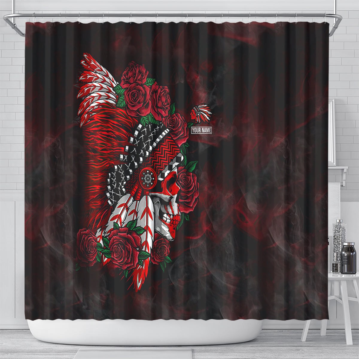 personalised-native-american-chief-skull-shower-curtain-rose-skull