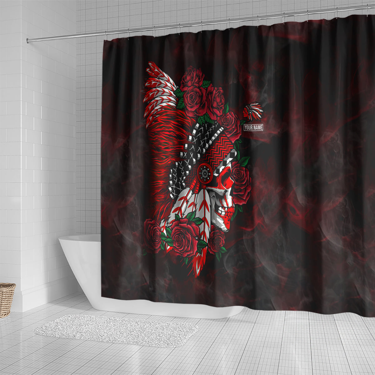 personalised-native-american-chief-skull-shower-curtain-rose-skull