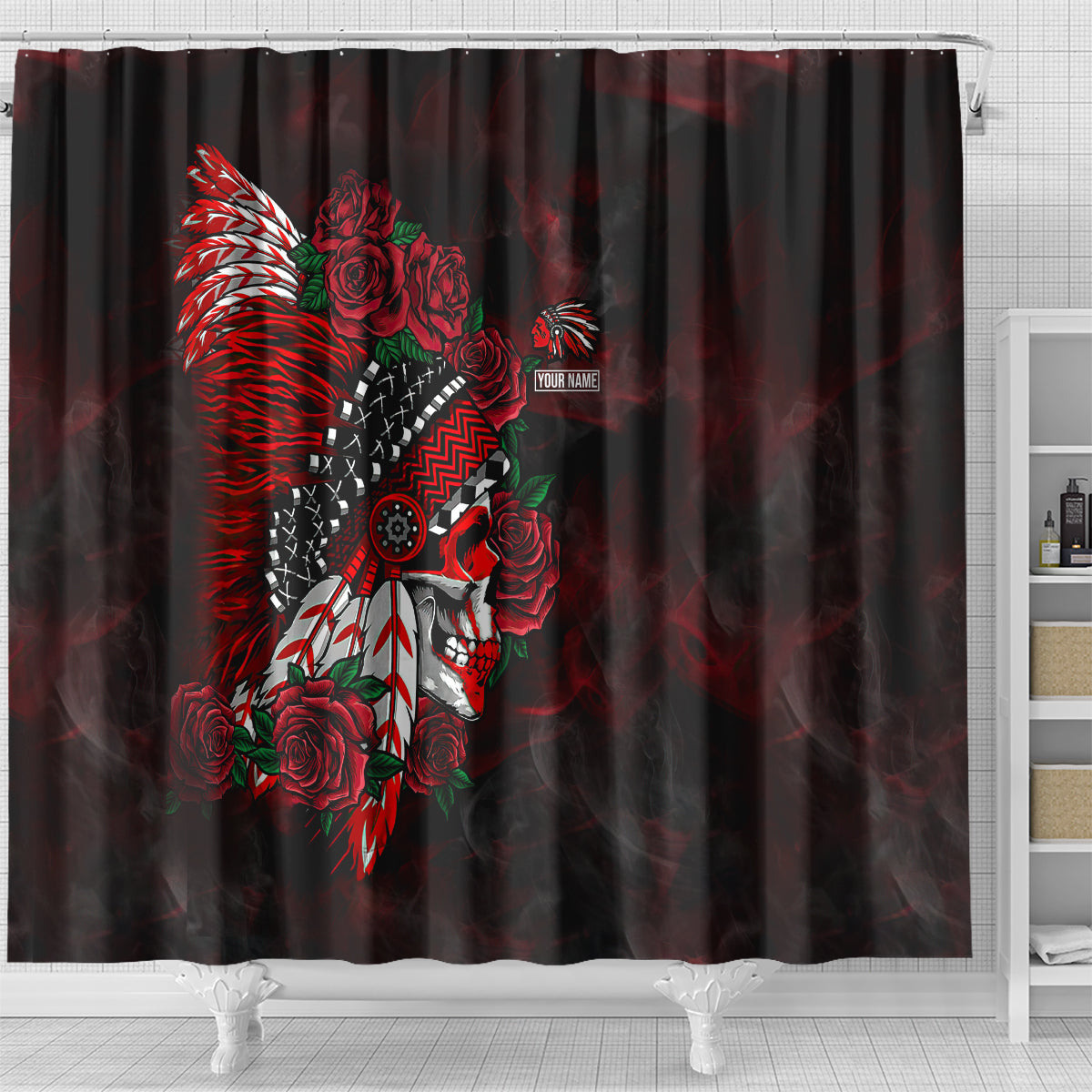 personalised-native-american-chief-skull-shower-curtain-rose-skull