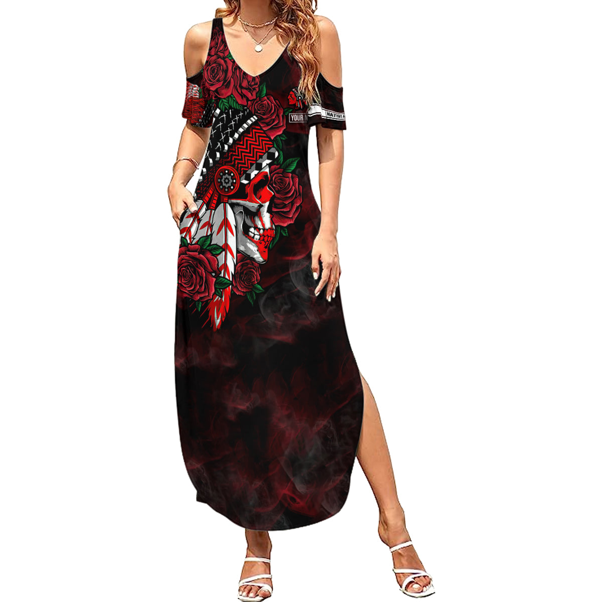Personalised Native American Chief Skull Summer Maxi Dress Rose Skull - Wonder Print Shop
