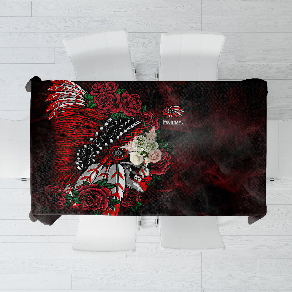 Personalised Native American Chief Skull Tablecloth Rose Skull - Wonder Print Shop