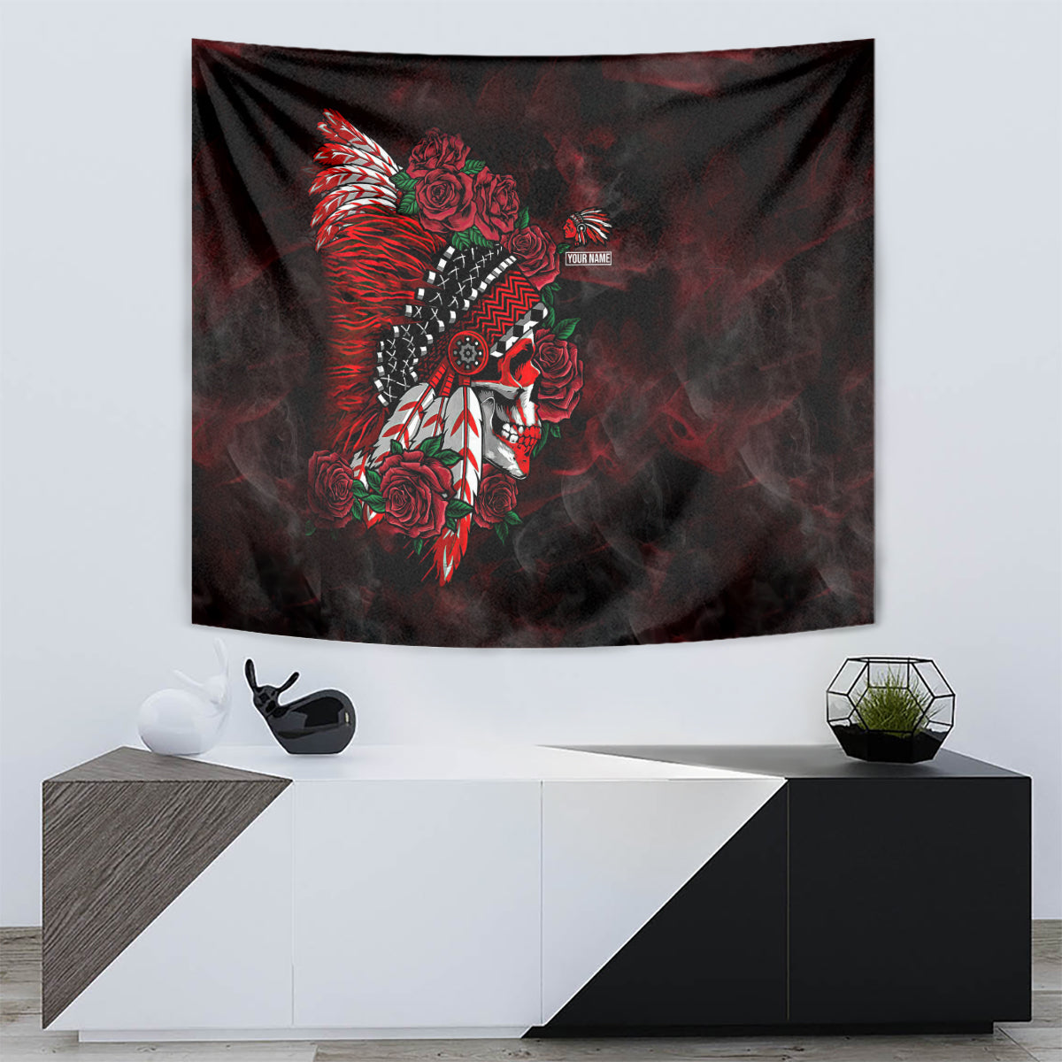 Personalised Native American Chief Skull Tapestry Rose Skull - Wonder Print Shop