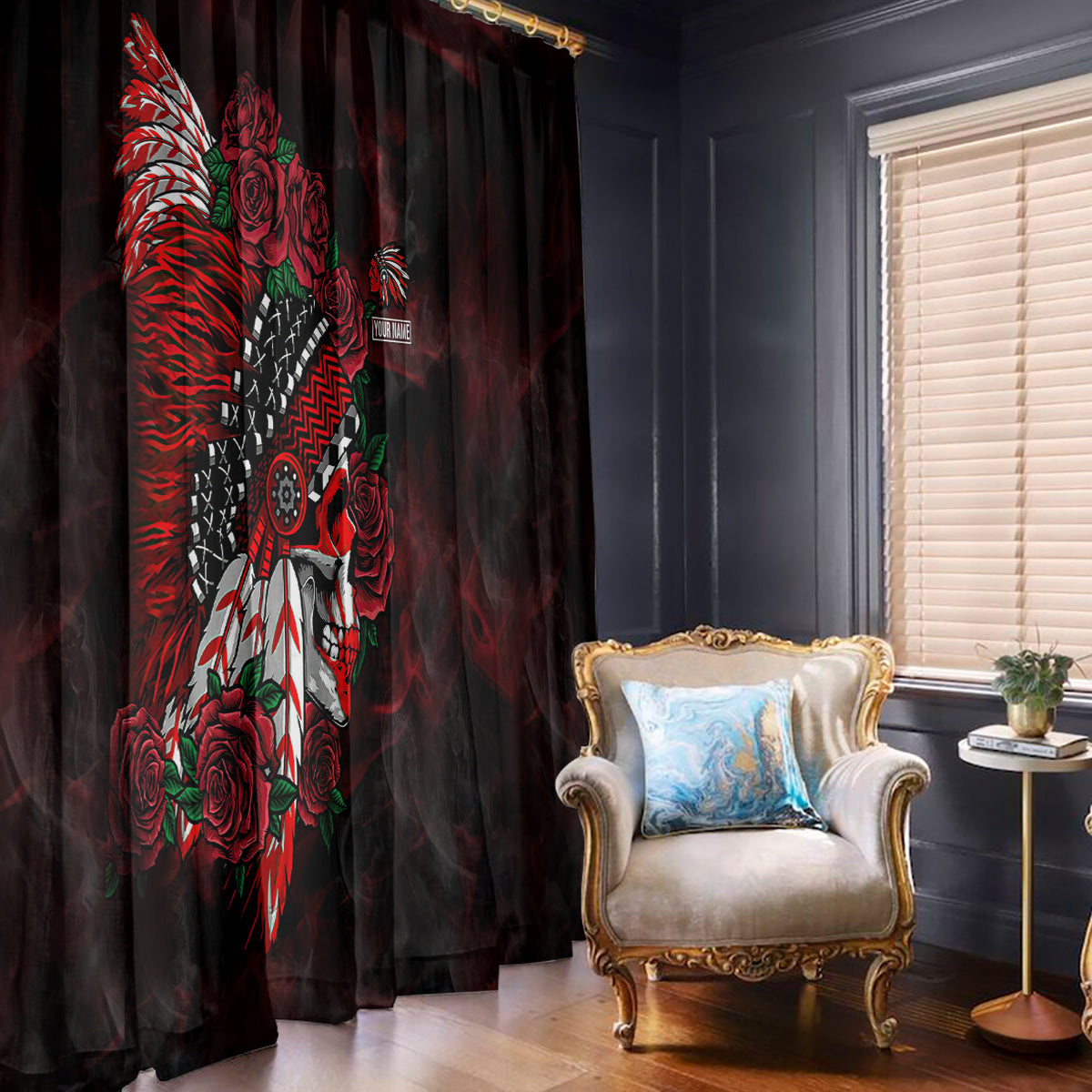Personalised Native American Chief Skull Window Curtain Rose Skull - Wonder Print Shop