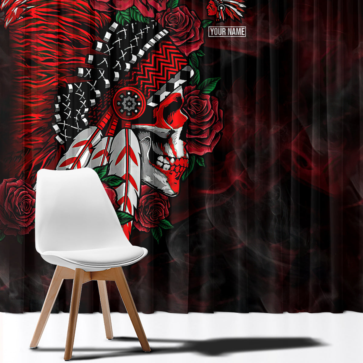 Personalised Native American Chief Skull Window Curtain Rose Skull - Wonder Print Shop