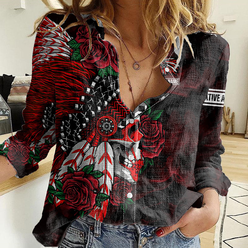 Personalised Native American Chief Skull Women Casual Shirt Rose Skull - Wonder Print Shop