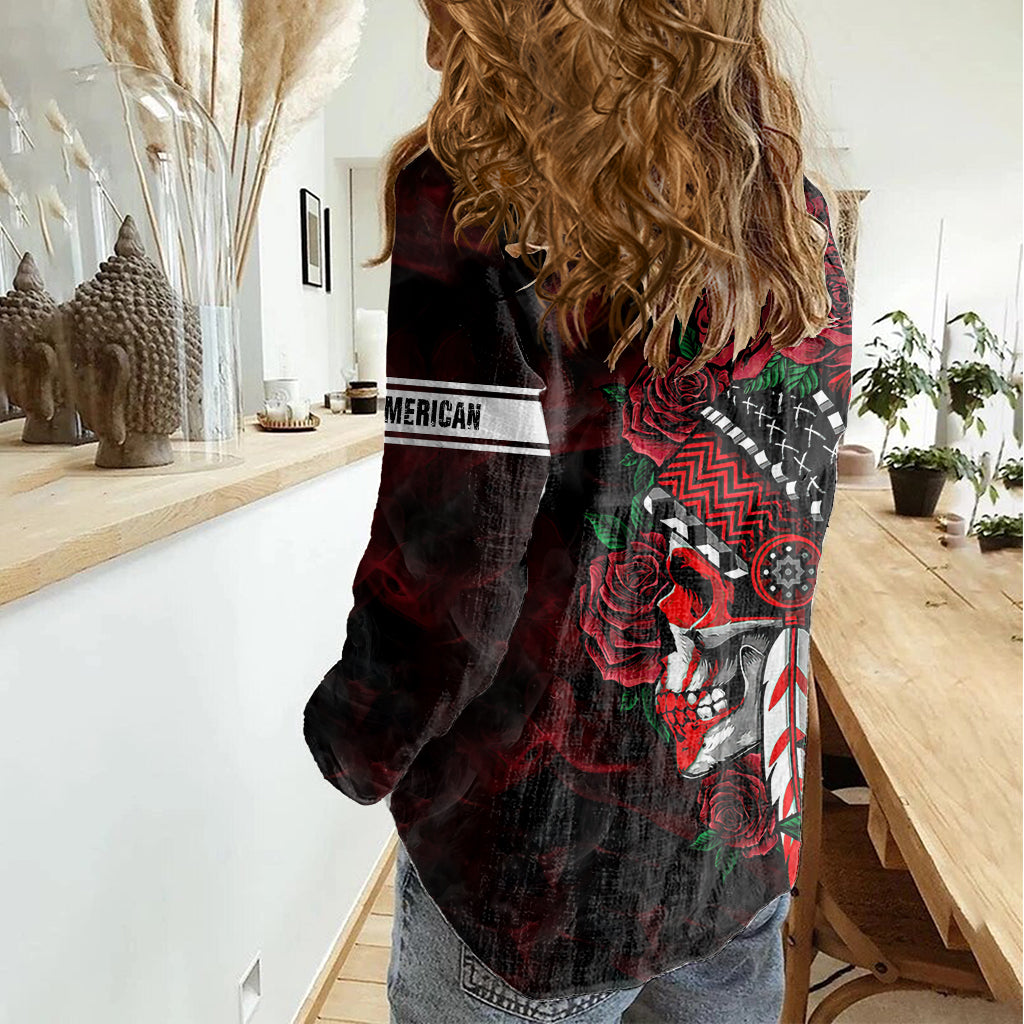 Personalised Native American Chief Skull Women Casual Shirt Rose Skull - Wonder Print Shop
