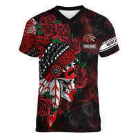 Personalised Native American Chief Skull Women V Neck T Shirt Rose Skull - Wonder Print Shop