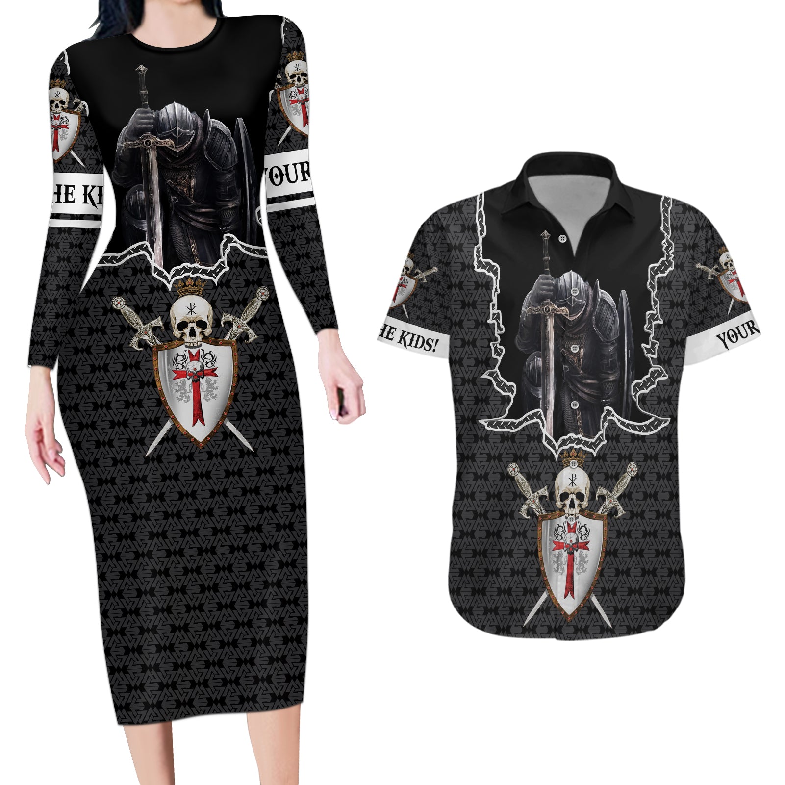 Personalised Knights Templar Warrior Skull Couples Matching Long Sleeve Bodycon Dress and Hawaiian Shirt - Wonder Print Shop