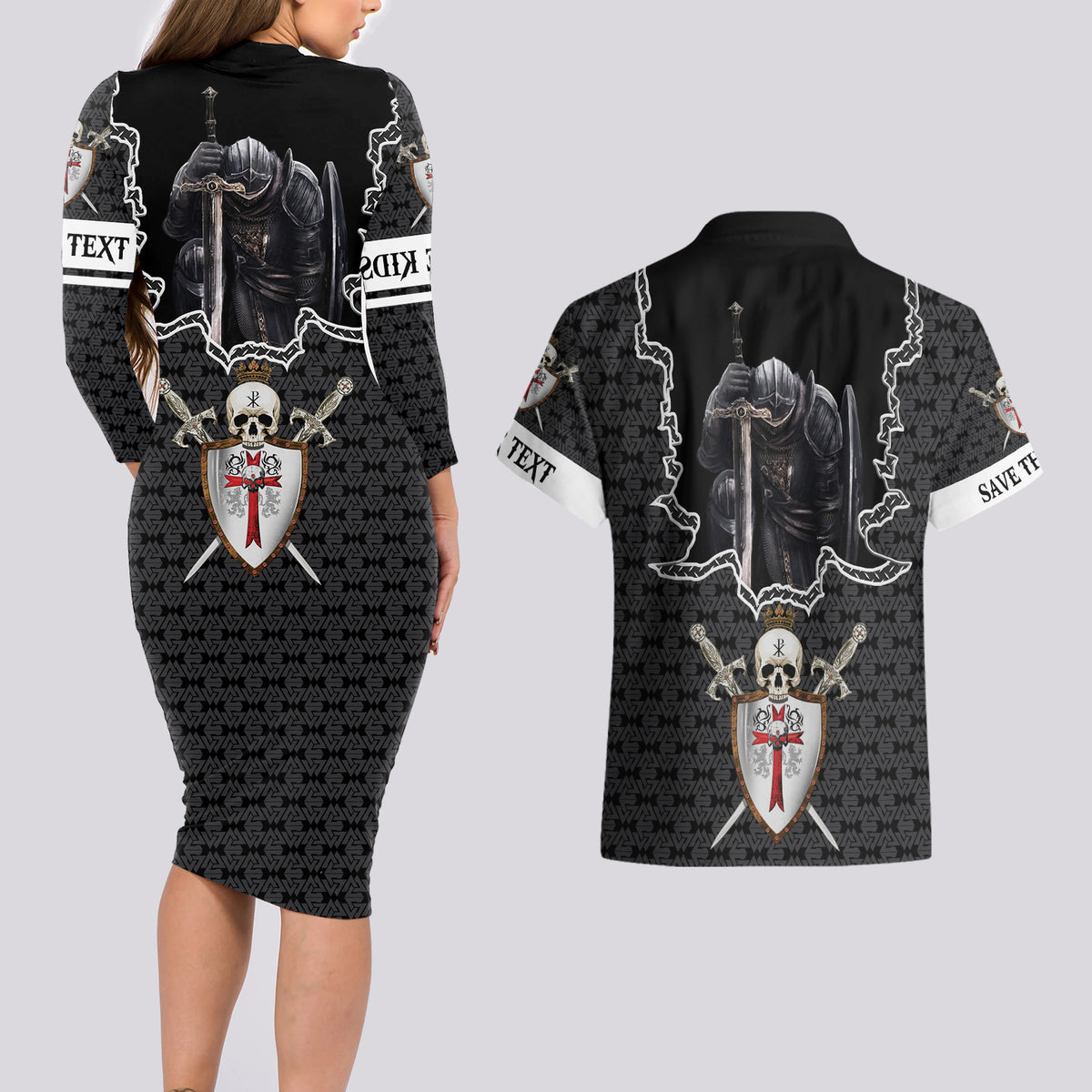 Personalised Knights Templar Warrior Skull Couples Matching Long Sleeve Bodycon Dress and Hawaiian Shirt - Wonder Print Shop