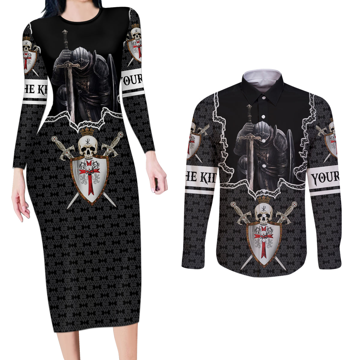 Personalised Knights Templar Warrior Skull Couples Matching Long Sleeve Bodycon Dress and Long Sleeve Button Shirts - Wonder Print Shop