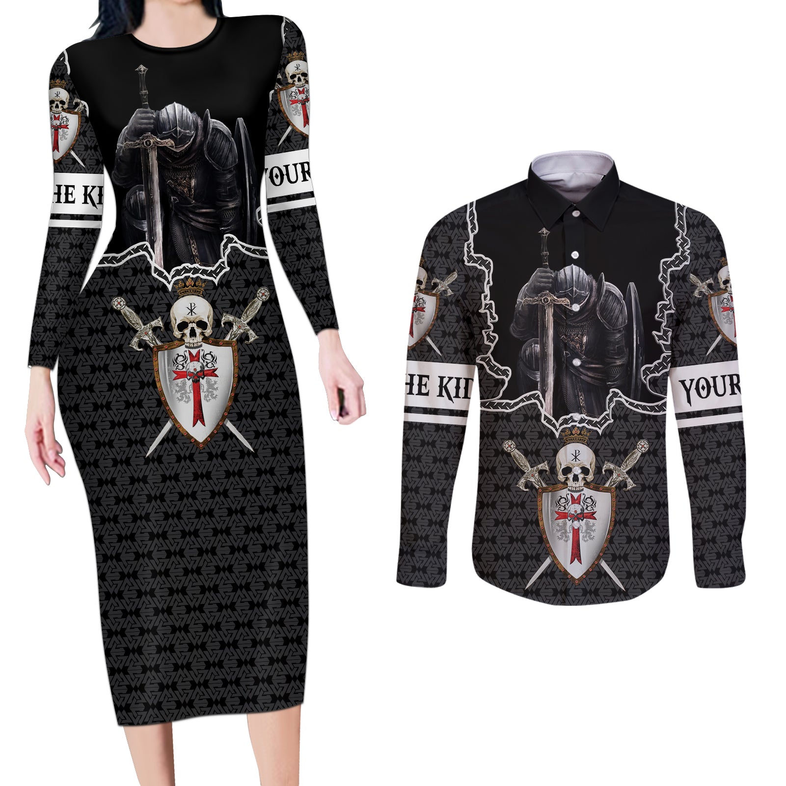 Personalised Knights Templar Warrior Skull Couples Matching Long Sleeve Bodycon Dress and Long Sleeve Button Shirts - Wonder Print Shop