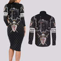 Personalised Knights Templar Warrior Skull Couples Matching Long Sleeve Bodycon Dress and Long Sleeve Button Shirts - Wonder Print Shop