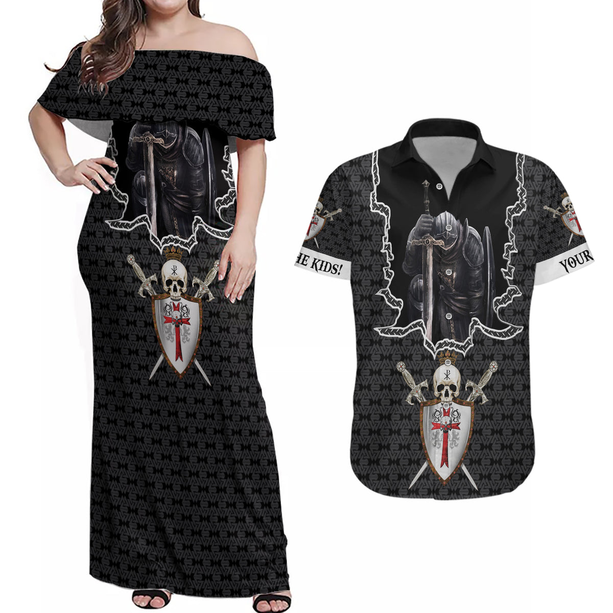 Personalised Knights Templar Warrior Skull Couples Matching Off Shoulder Maxi Dress and Hawaiian Shirt - Wonder Print Shop