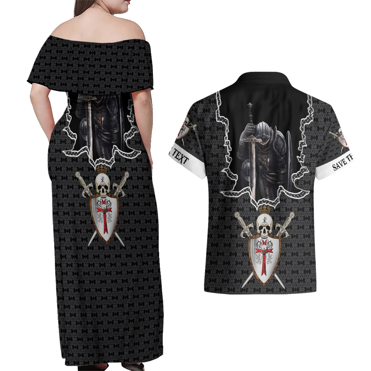 Personalised Knights Templar Warrior Skull Couples Matching Off Shoulder Maxi Dress and Hawaiian Shirt - Wonder Print Shop