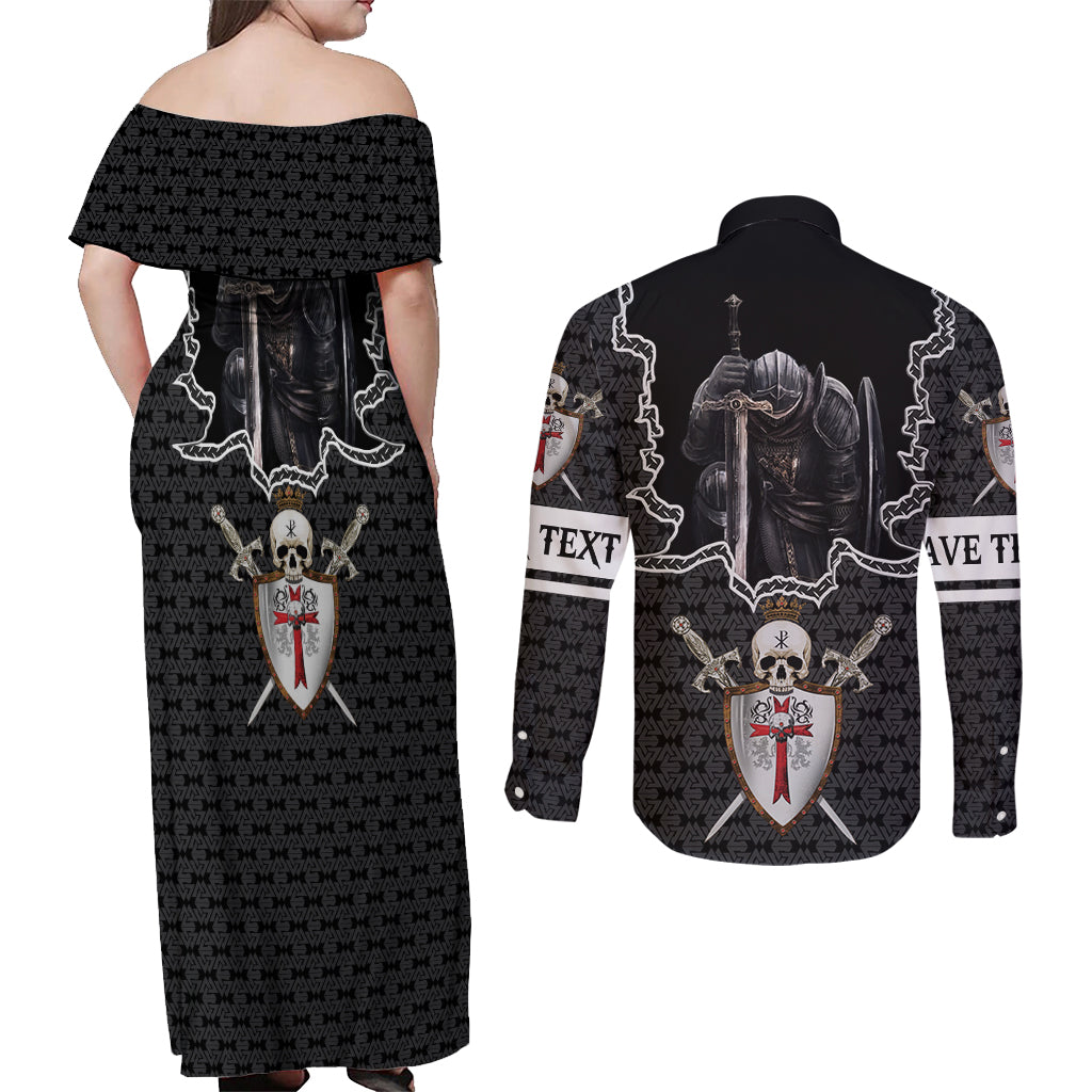 Personalised Knights Templar Warrior Skull Couples Matching Off Shoulder Maxi Dress and Long Sleeve Button Shirts - Wonder Print Shop