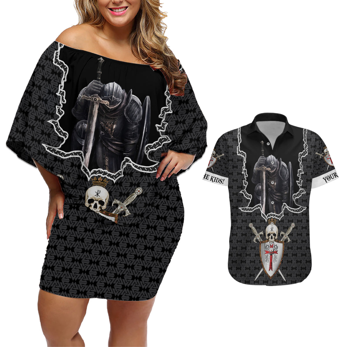 Personalised Knights Templar Warrior Skull Couples Matching Off Shoulder Short Dress and Hawaiian Shirt - Wonder Print Shop