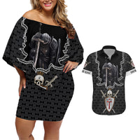 Personalised Knights Templar Warrior Skull Couples Matching Off Shoulder Short Dress and Hawaiian Shirt - Wonder Print Shop