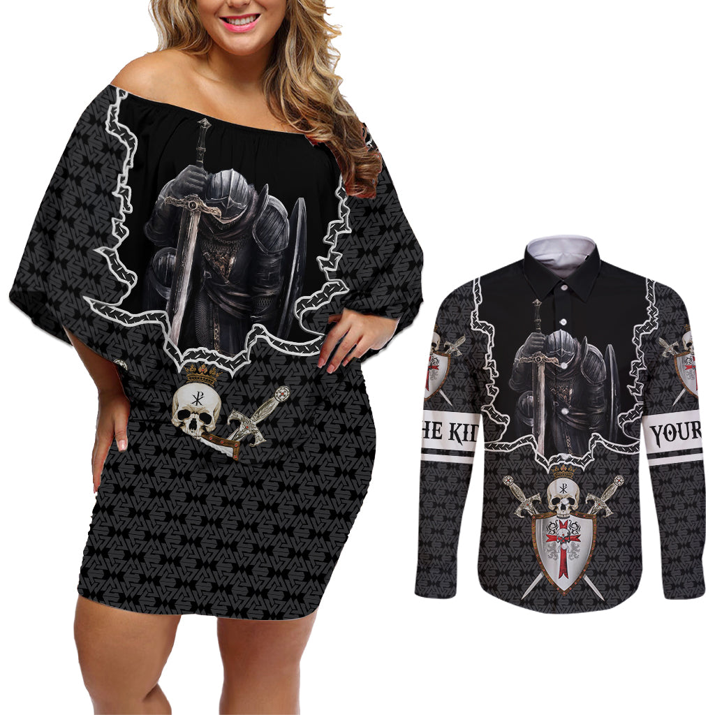 Personalised Knights Templar Warrior Skull Couples Matching Off Shoulder Short Dress and Long Sleeve Button Shirts - Wonder Print Shop